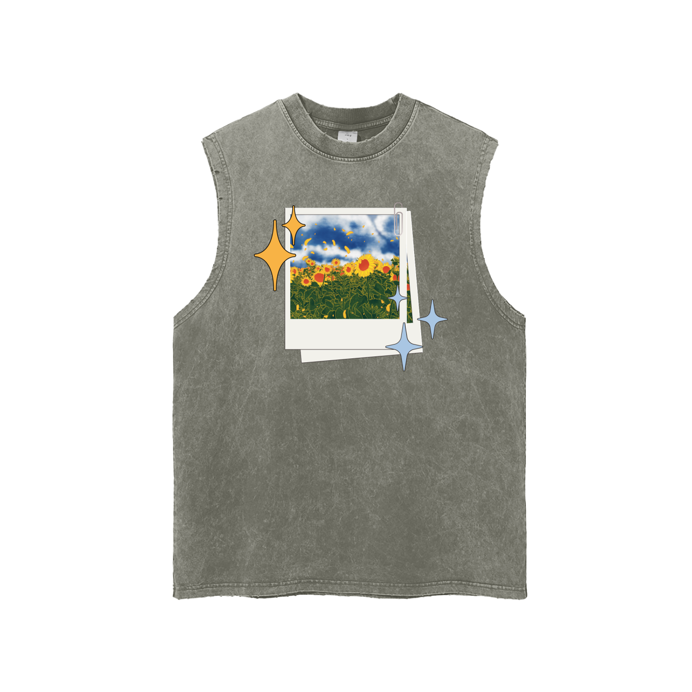 Sunflowers Snow Washed Frayed Hem Tank Top