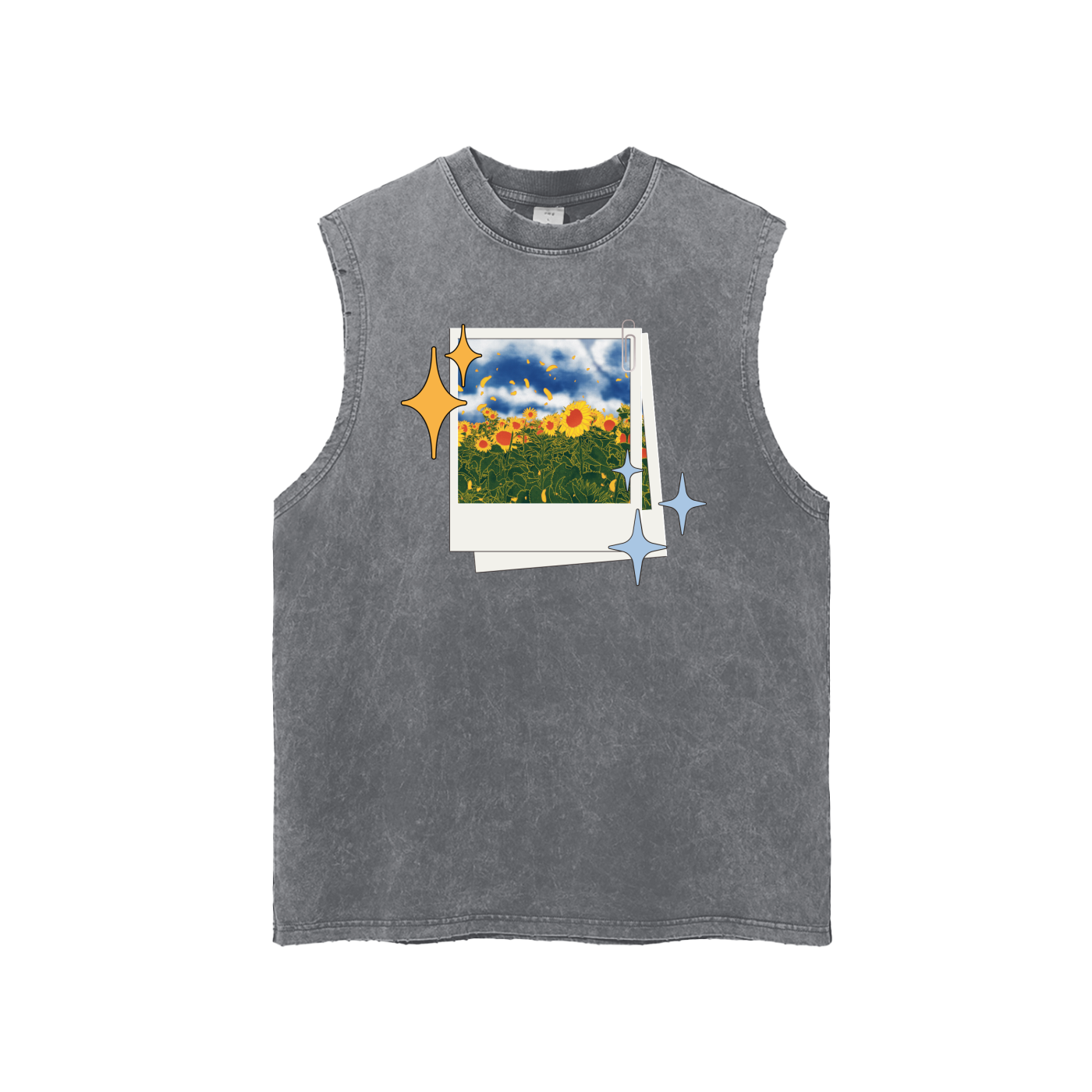 Sunflowers Snow Washed Frayed Hem Tank Top