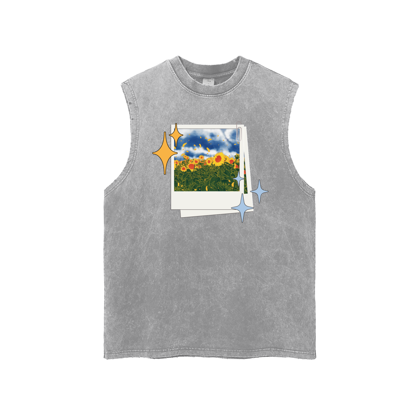 Sunflowers Snow Washed Frayed Hem Tank Top