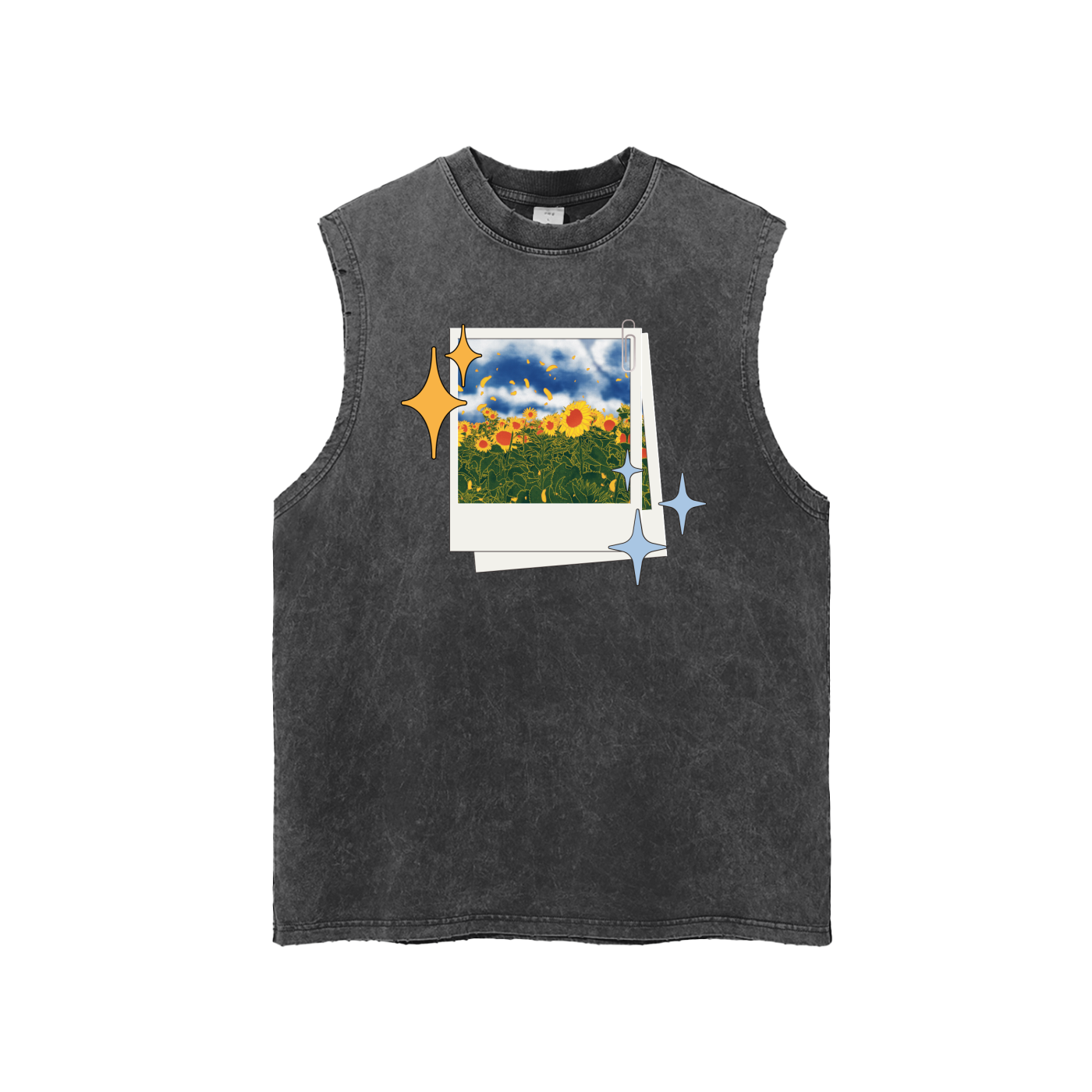 Sunflowers Snow Washed Frayed Hem Tank Top